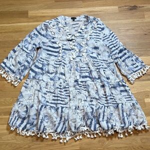 Coco + Carmen Striped Floral Navy and Cream Semi Sheer Dress/Cover with Tassels